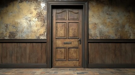 Vintage wooden door in an aged hallway