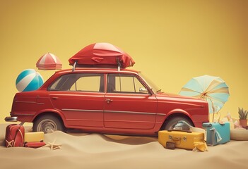 luggage travel ready background concept red render yellow summer car 3d creative beach accessories illustration joyful nature copy space tropical leisure happy island sea pineapple sunny colourful
