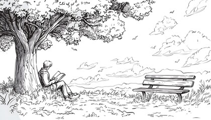 A line art a person sitting on a bench under a tree, reading a book on a calm afternoon