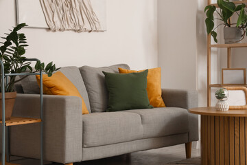 Trendy interior of living room with comfortable sofa