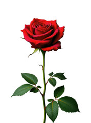 Beautiful Single Fresh Red Rose Flower with Green Stem and Leaves in Full Bloom Against Black Background, Isolated on Transparent and White Background