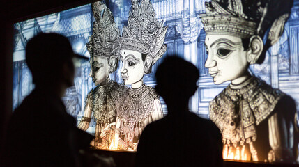 Intricate Balinese puppets are used in culturally significant performances, projected onto a bright screen.  