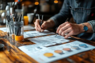 Focused individual meticulously reviewing documents at a rustic cafe table