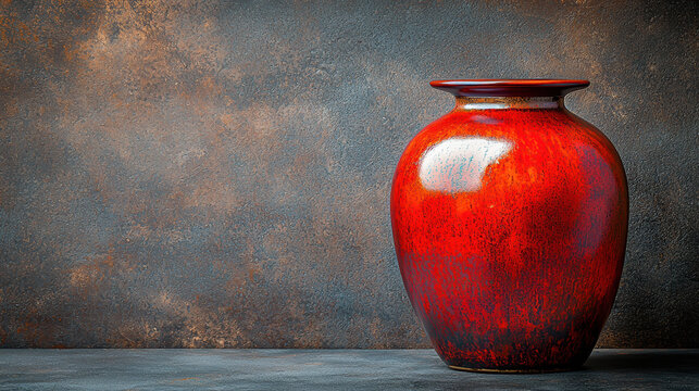 A rich red ceramic vase sits on a dark gray surface against a textured rusty brown background offe a sophisticated and elegant still life composition perfect for home decor or