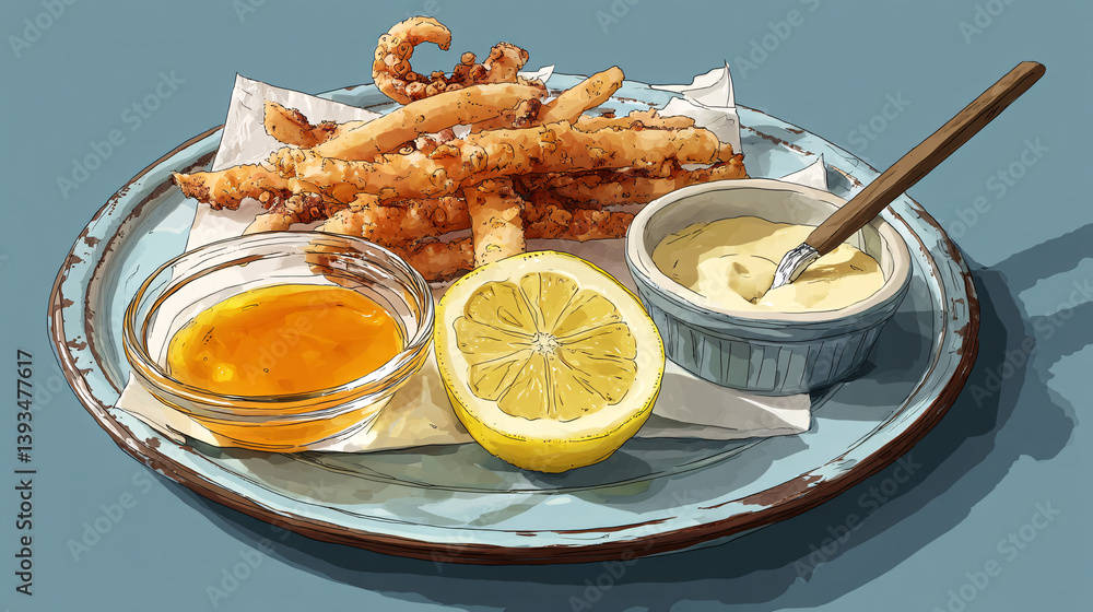 Poster lightly fried squid served with a lemon slice and a side of sauce for dipping.