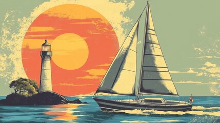 Naklejka premium Sailboat sailing near a lighthouse at sunset ocean illustration