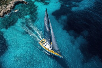 Fototapeta premium Sailing across the azure waters of a hidden cove during a vibrant summer day under the bright sun