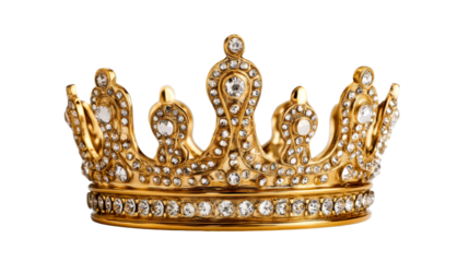 Golden jeweled crown on black background, regal diadem, cut out transparent