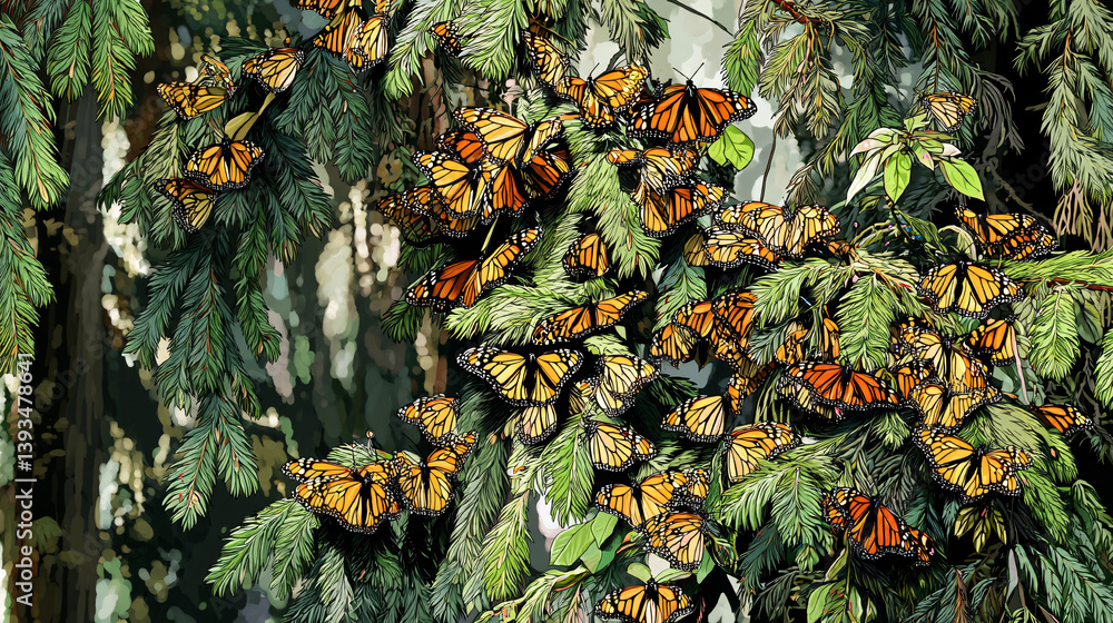 Poster monarch butterflies densely clustering on trees is a striking natural event, often captured in wildl