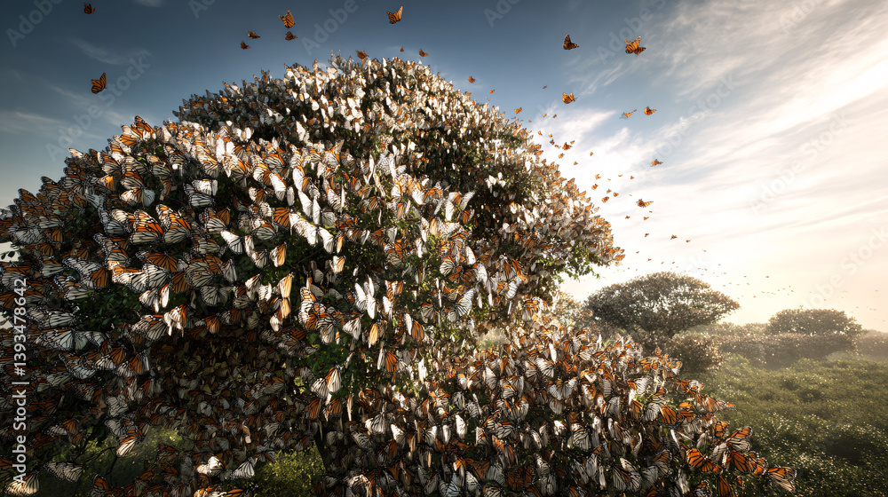 Poster monarch butterflies densely clustering on trees is a striking natural event, often captured in wildl
