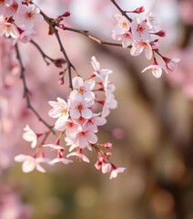 Obraz premium Pastel cherry blossoms gently falling on an abstract, dreamy background, gradient, floral