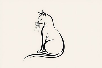A simple, elegant line art a cat sitting gracefully with its tail wrapped around