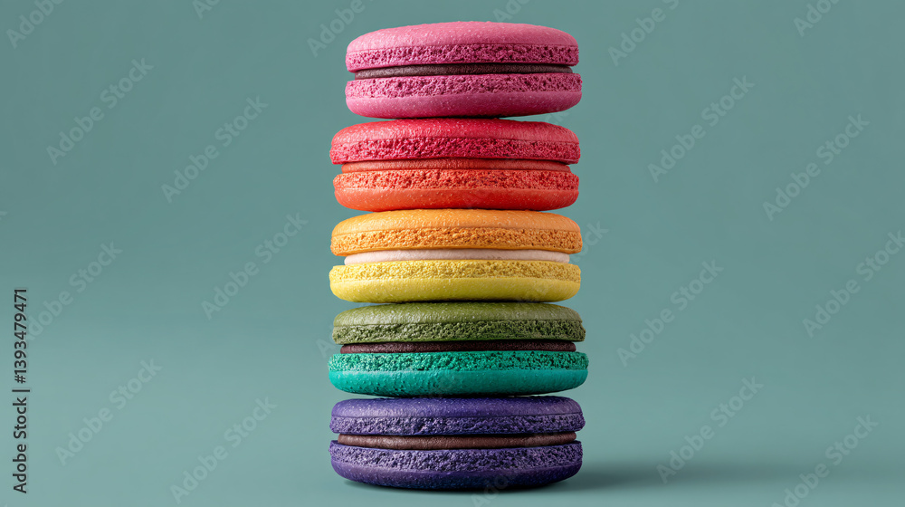 Poster neatly stacked, high-quality macarons display a full spectrum of rainbow colors.
