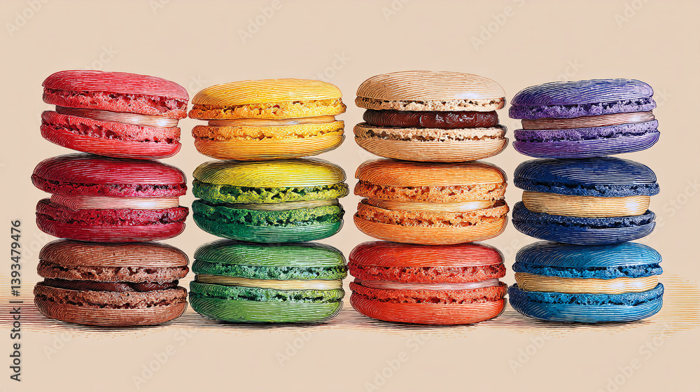 Poster neatly stacked, high-quality macarons display a full spectrum of rainbow colors.