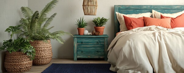 A boho-style bedroom featuring teal wooden furniture, cream bed linens, and coral pillows