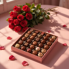 Romantic Chocolate Gift Box with Red Roses – Valentine’s Day Digital Illustration on Pink Background, No 121