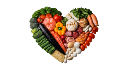 Healthy food heart shaped composition, vegetables, fish, cut out transparent