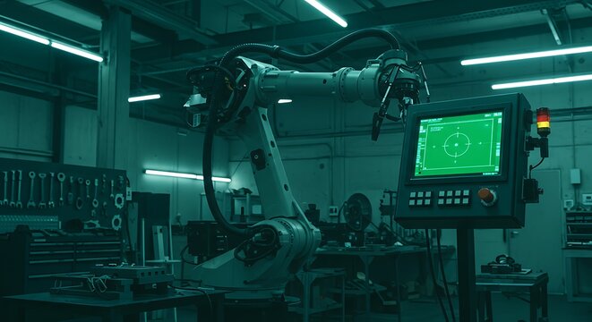 Precision Automation: Robotic Arm and Control Interface in an Industrial Workspace