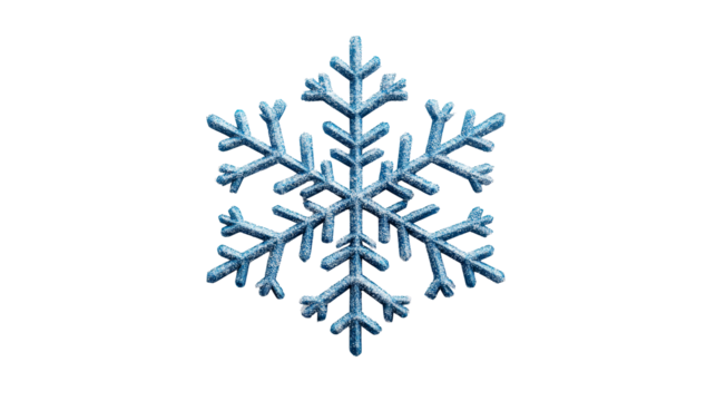Sparkling blue snowflake ornament with intricate details, cut out transparent