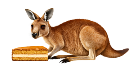 Kangaroo near cake, animal with dessert, isolated art , cut out transparent