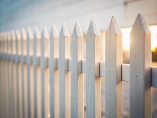 Fototapeta premium Pristine White Picket Fence A Classic Suburban Scene Perfect for Backgrounds and Design Inspiration