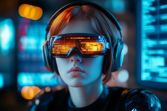 Creative of female computer techie, cybersecurity. Background is a dark room with data centers. Data analyst reviewing charts. Graphs and computer text reflections in her glasses.