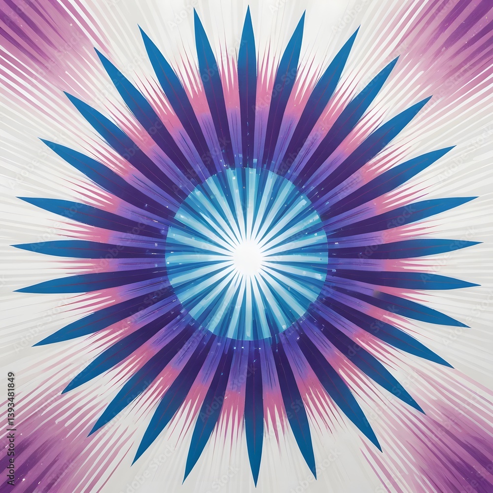 Fototapete Abstract Radiating Design, Shimmering Points. Colorful Rays On White. Dynamic Pattern With Blue, Purple, And Green Accents. A Sparkling Starburst Effect For Creative Projects.