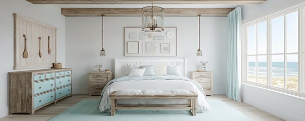 A bright and airy modern farmhouse bedroom with bleached white oak beams
