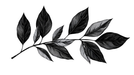 Botanical drawing of leaves on a black background, vector, cut out transparent