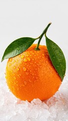  A single orange with droplets of water on its surface, sitting on ice cubes.