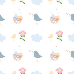 Seamless pattern with cute cartoon birds, eggs, nest,flowers,clouds on light background. Animal kids print design in flat style. For textiles, clothing, bed linen, office supplies.