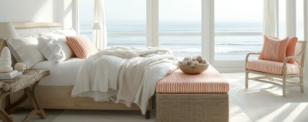 A bright coastal bedroom with driftwood furniture