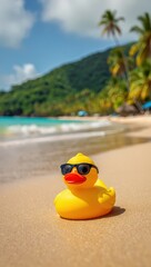 Obraz premium A yellow rubber duck wearing sunglasses is sitting on the sandy beach near palm trees.