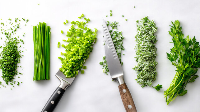 Precise knife skills are demonstrated with brunoise, julienne, and chiffonade cuts, showcased against a white background, highlighting culinary technique.  