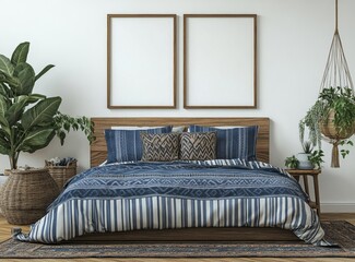 Cozy bedroom with framed prints, plants, and patterned bedding