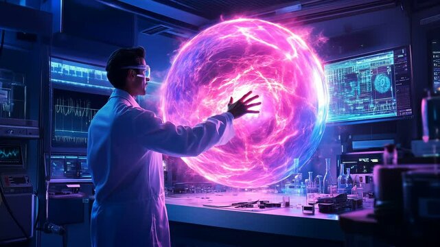 A Futuristic Scientist Interacting Enthusiastically with a Plasma Sphere in a Cutting-edge High-tech Laboratory