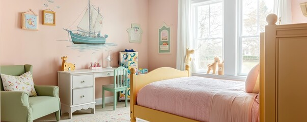 A charming kids' bedroom with powder pink walls and a sunshine yellow bed frame