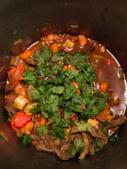 Savory beef stew slowly bubbling with vibrant veggies, garnished with bright cilantro, delivering rich comfort on plate