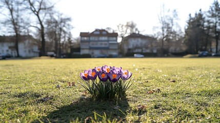 Purple and Orange Crocus Flowers Blooming in a Grassy Field
