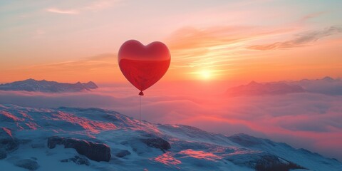 Fototapeta premium Heart-shaped balloon floats over a serene mountaintop during a vibrant sunset on Valentine’s Day