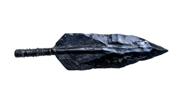 Dark ancient obsidian stone spearhead artifact weapon, cut out transparent