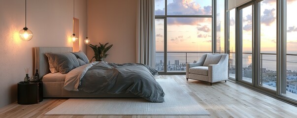 A chic bedroom designed with simplicity in mind, with expansive windows that survey a vibrant city below