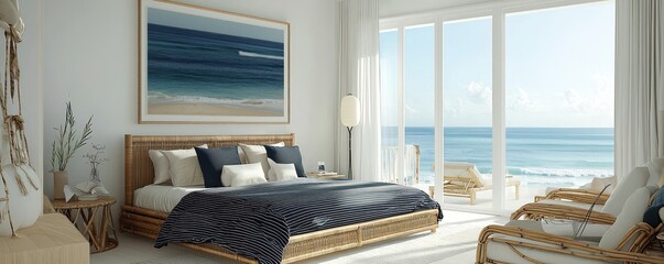 A chic bedroom designed with minimalist bamboo furniture and bedding in neutral tones with fine navy stripes