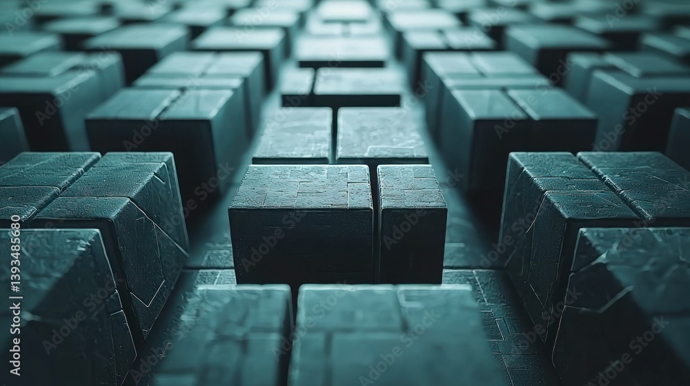 Poster abstract metallic cubes in structured arrangement, shallow focus and textured surface