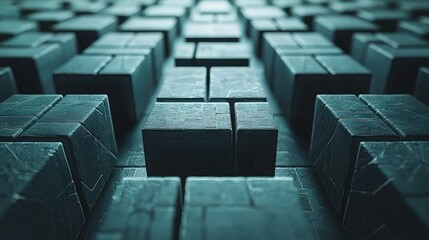 Abstract Metallic cubes in structured arrangement, shallow focus and textured surface