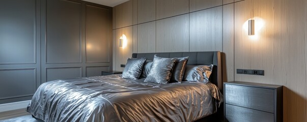 A chic bedroom designed with smooth ash wood paneling and a bed outfitted in elegant silver bedding