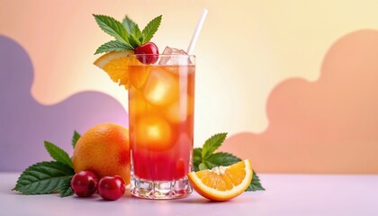 Tall clear glass with fruit cocktail, ice cubes, cherry, orange slice, and mint garnish. Surrounded by fresh fruits and leaves on a pastel gradient background. Refreshing drink concept