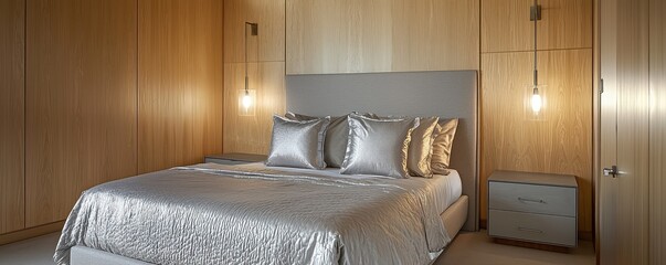 A chic bedroom designed with smooth ash wood paneling and a bed outfitted in elegant silver bedding