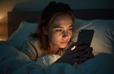 Young woman uses smartphone late at night in bed. Mobile phone addiction, insomnia, digital lifestyle. Girl chats online, browses Internet, social media, can not sleep, lonely, exhausted.