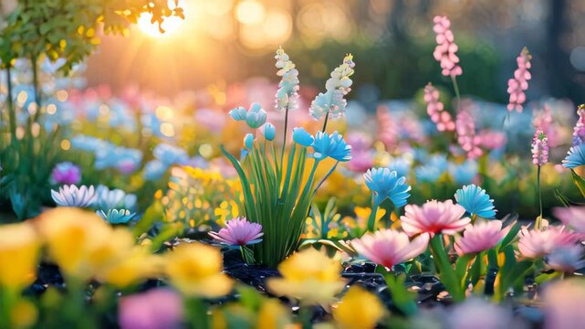 In a beautifully colorful garden, vibrant flowers flourish and bloom under the warm embrace of a stunning sunset